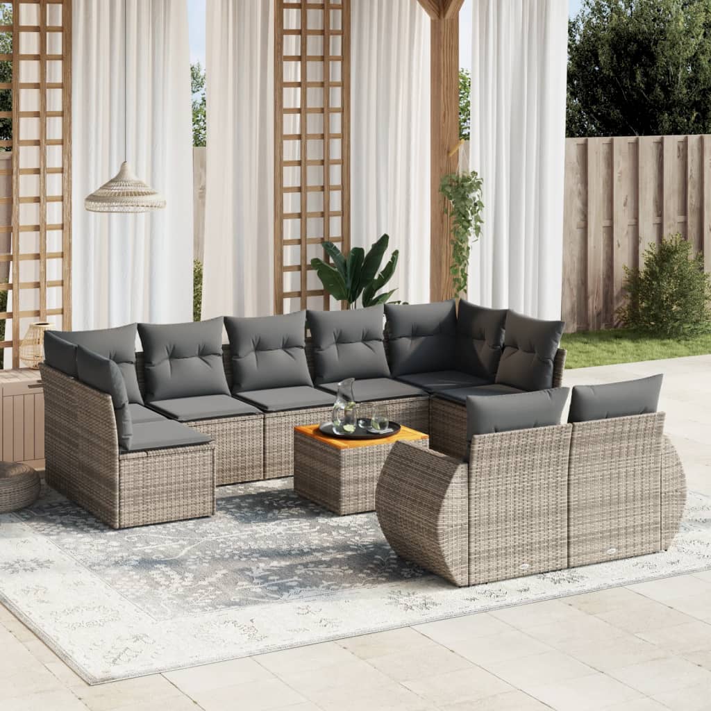 10-tlg. Garten-Sofagarnitur mit Kissen Grau Poly Rattan