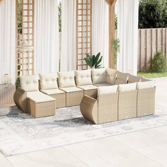 11-tlg. Garten-Sofagarnitur mit Kissen Beige Poly Rattan