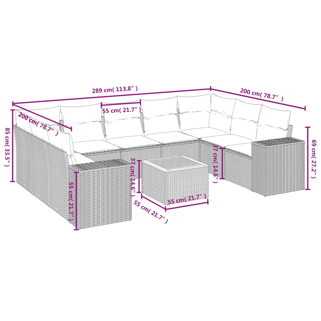 10-tlg. Garten-Sofagarnitur mit Kissen Schwarz Poly Rattan