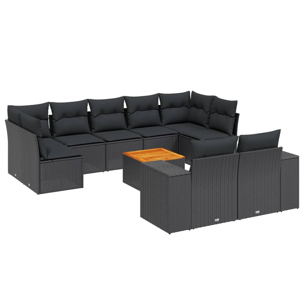 10-tlg. Garten-Sofagarnitur mit Kissen Schwarz Poly Rattan