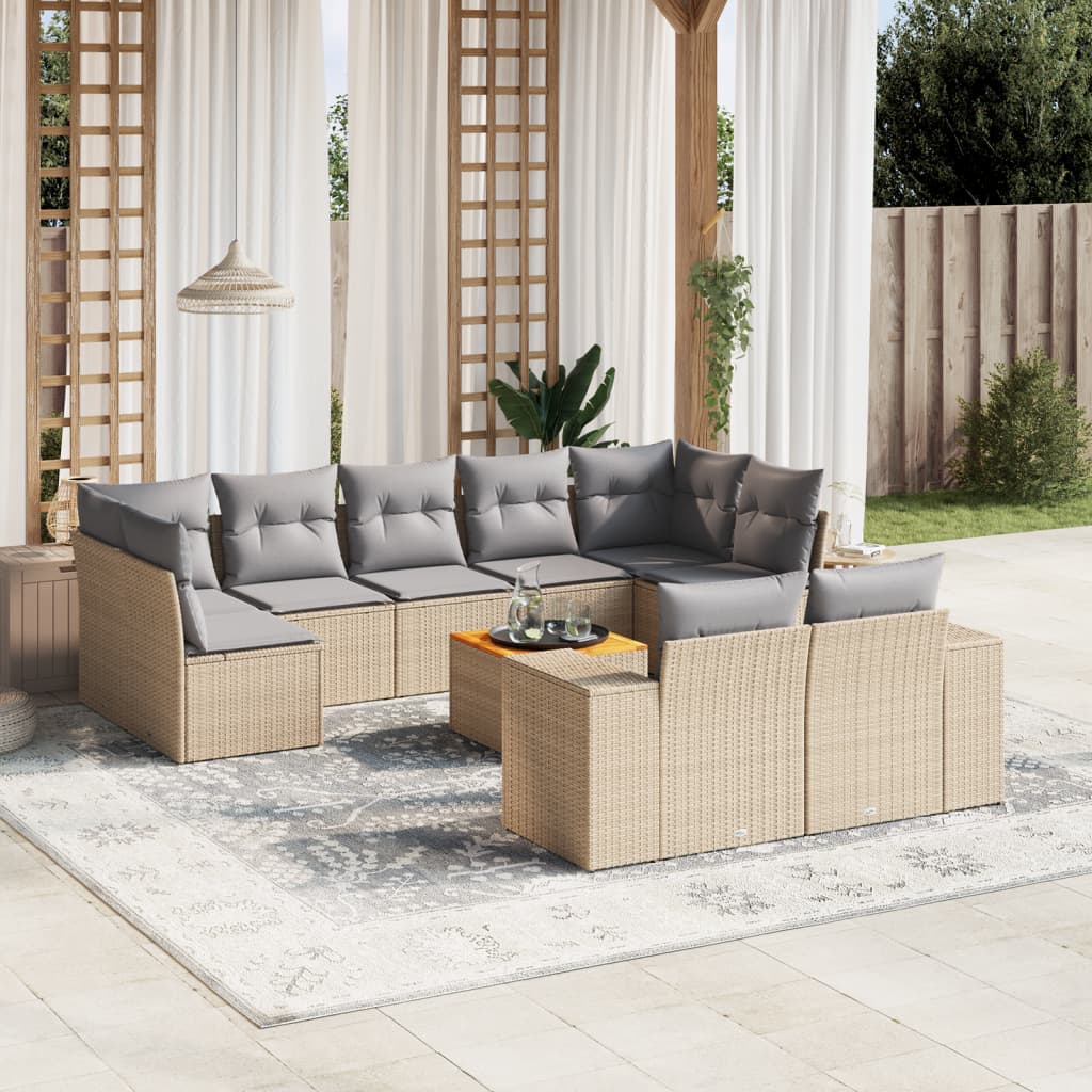 10-tlg. Garten-Sofagarnitur mit Kissen Beige Poly Rattan