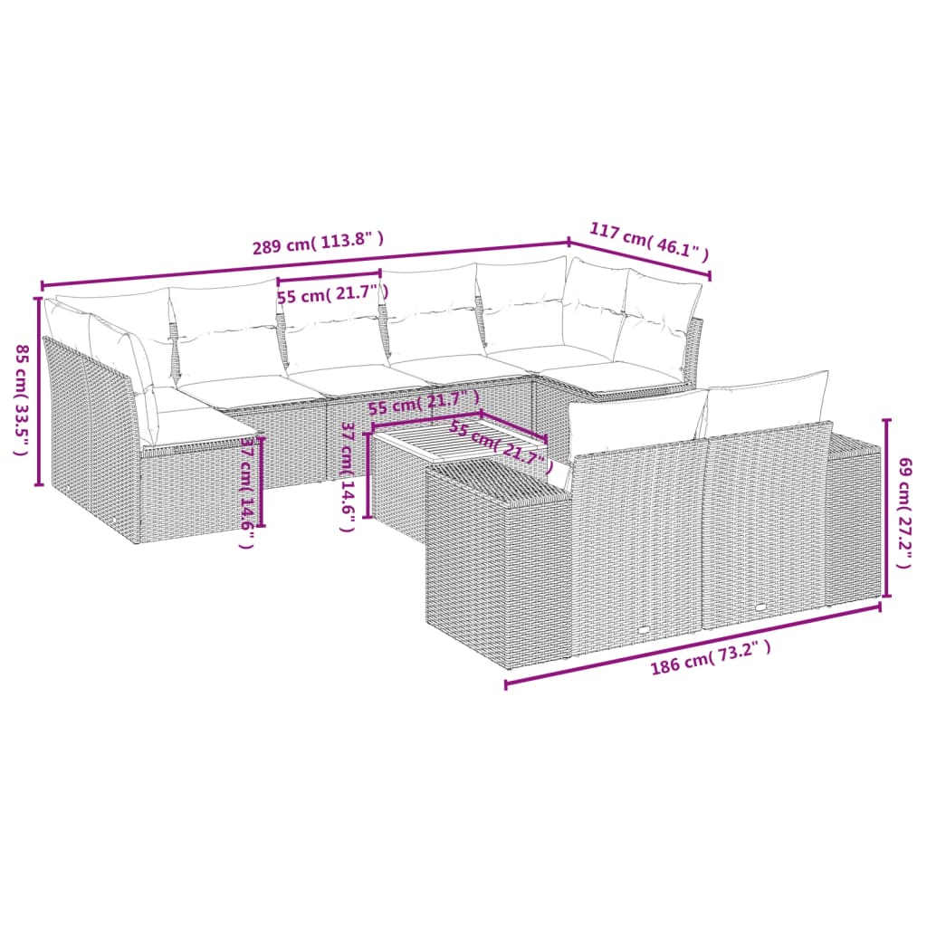 10-tlg. Garten-Sofagarnitur mit Kissen Grau Poly Rattan