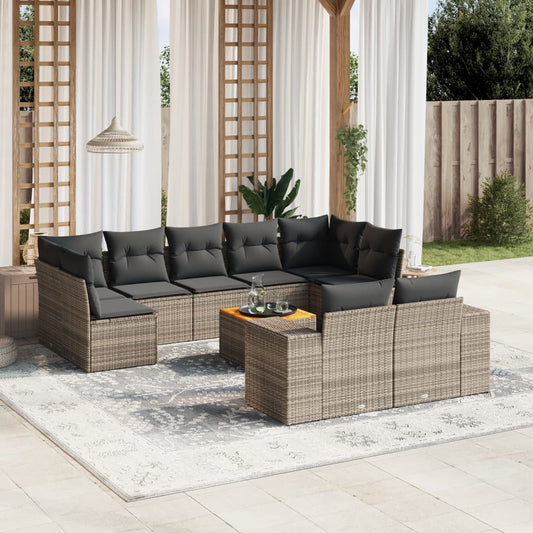 10-tlg. Garten-Sofagarnitur mit Kissen Grau Poly Rattan