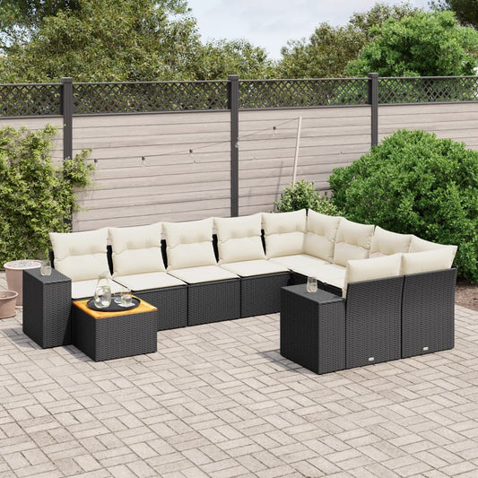 10-tlg. Garten-Sofagarnitur mit Kissen Schwarz Poly Rattan