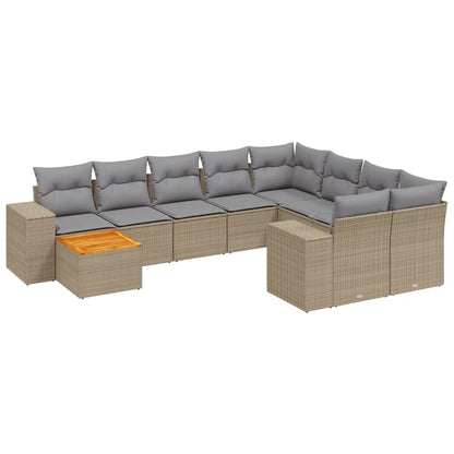 10-tlg. Garten-Sofagarnitur mit Kissen Beige Poly Rattan