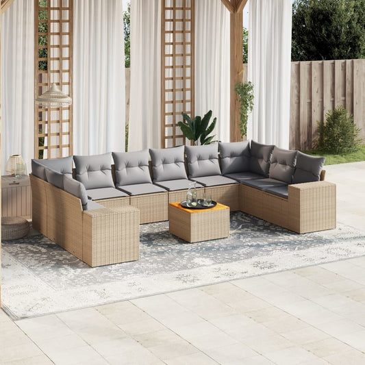 11-tlg. Garten-Sofagarnitur mit Kissen Beige Poly Rattan