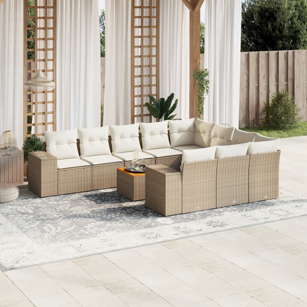 11-tlg. Garten-Sofagarnitur mit Kissen Beige Poly Rattan