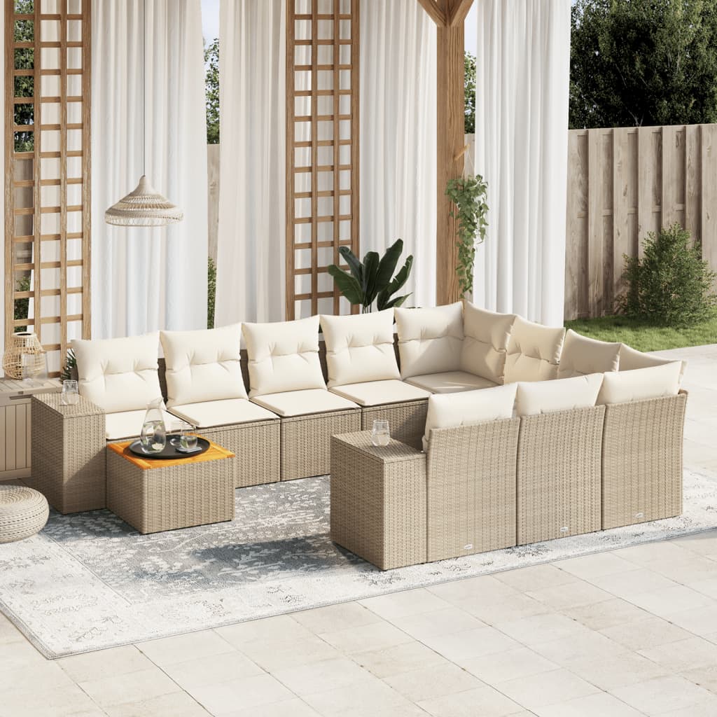 11-tlg. Garten-Sofagarnitur mit Kissen Beige Poly Rattan