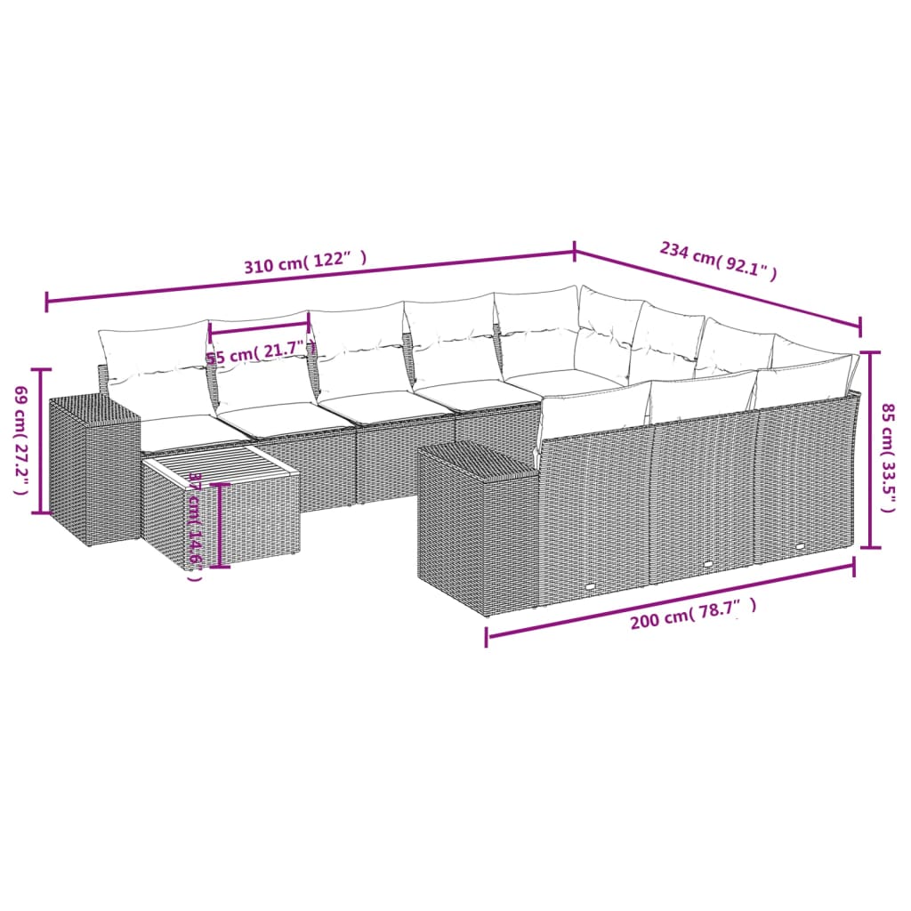 11-tlg. Garten-Sofagarnitur mit Kissen Beige Poly Rattan