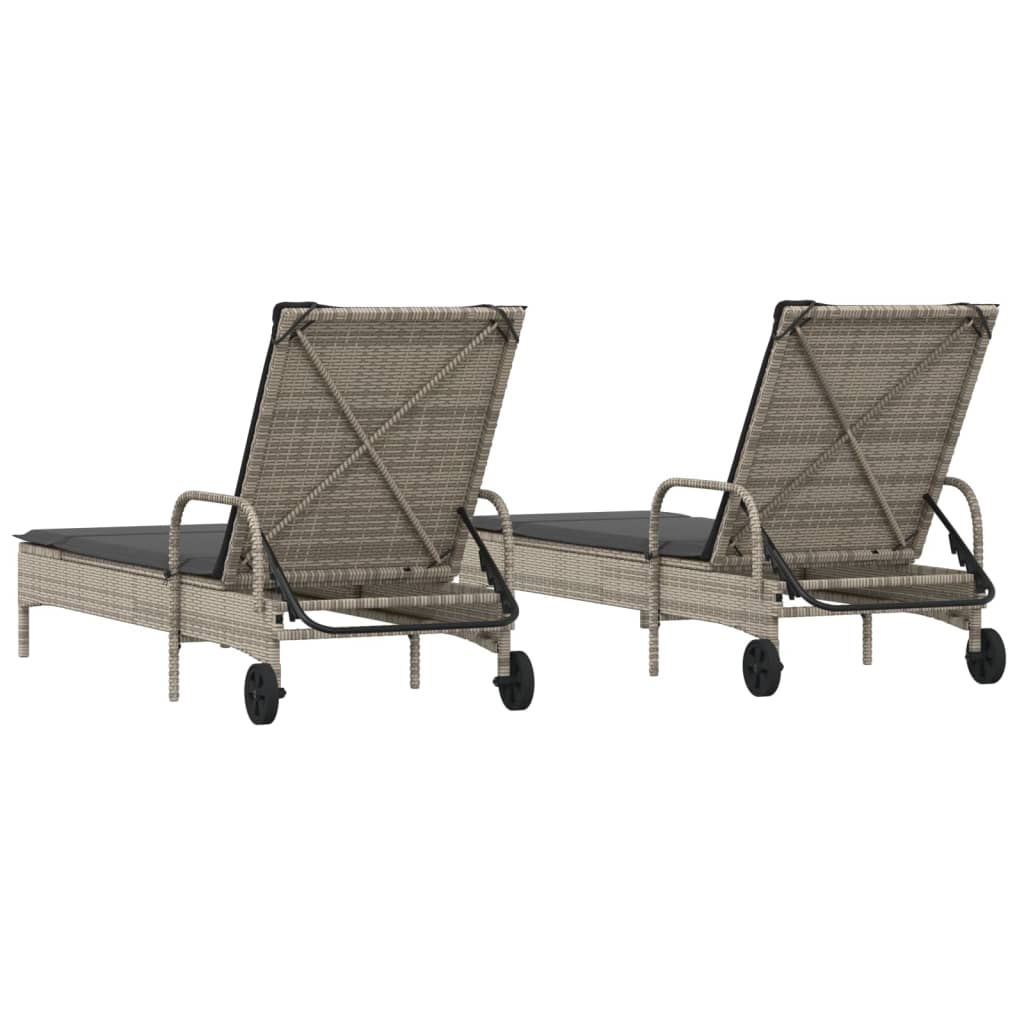 Sonnenliegen mit Auflagen 2 Stk. Grau Poly Rattan