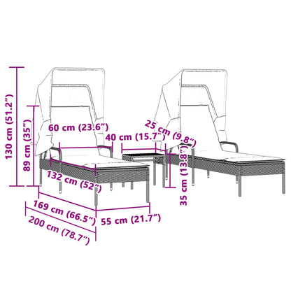 Sonnenliegen 2 Stk. mit Dach und Tisch Schwarz Poly-Rattan