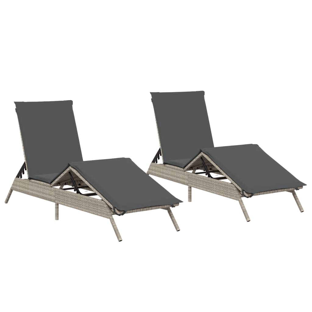 Sonnenliegen mit Auflagen 2 Stk. Hellgrau Poly Rattan