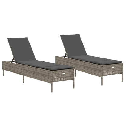 Sonnenliegen mit Auflagen 2 Stk. Grau Poly Rattan