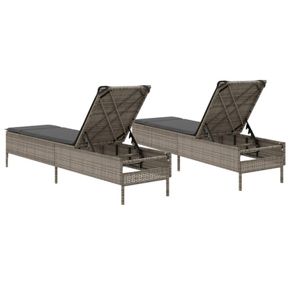 Sonnenliegen mit Auflagen 2 Stk. Grau Poly Rattan