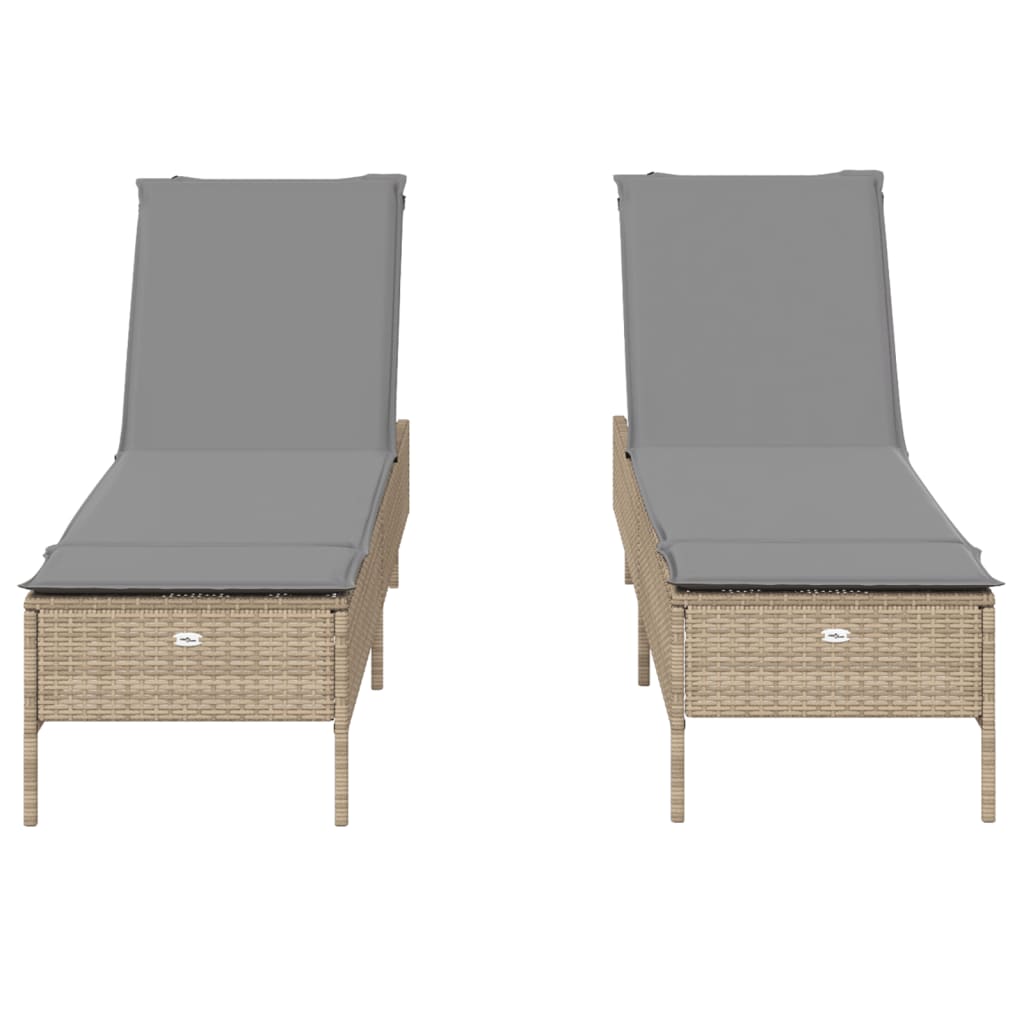 Sonnenliegen mit Auflagen 2 Stk. Beige Poly Rattan