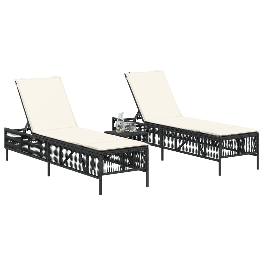 Sonnenliegen mit Auflagen 2 Stk. Schwarz Poly Rattan