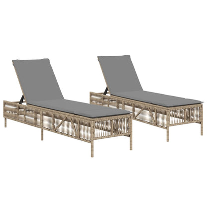 Sonnenliegen mit Auflagen 2 Stk. Beige Poly Rattan