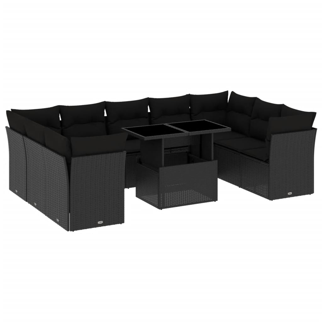 10-tlg. Garten-Sofagarnitur mit Kissen Schwarz Poly Rattan