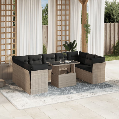 10-tlg. Garten-Sofagarnitur mit Kissen Hellgrau Poly Rattan