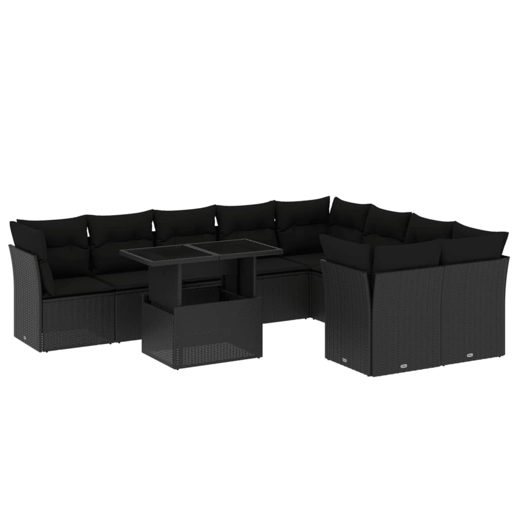 10-tlg. Garten-Sofagarnitur mit Kissen Schwarz Poly Rattan