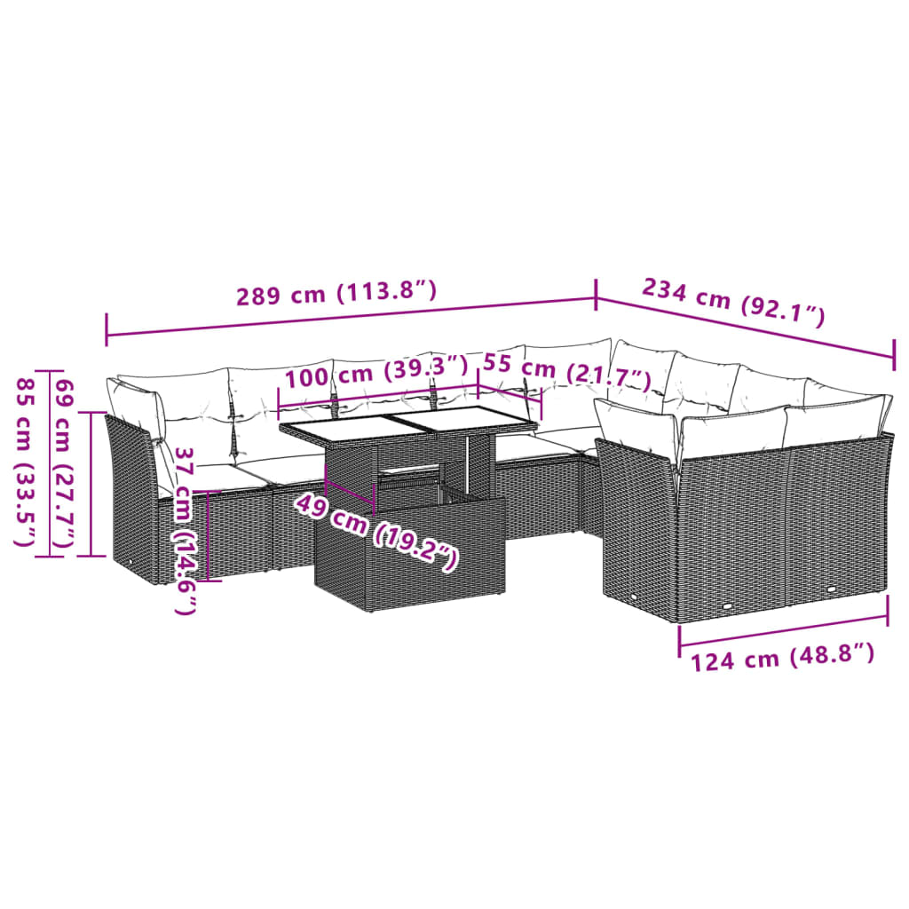 10-tlg. Garten-Sofagarnitur mit Kissen Schwarz Poly Rattan