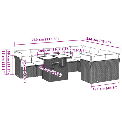 10-tlg. Garten-Sofagarnitur mit Kissen Schwarz Poly Rattan