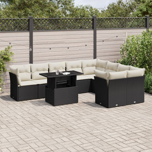 10-tlg. Garten-Sofagarnitur mit Kissen Schwarz Poly Rattan