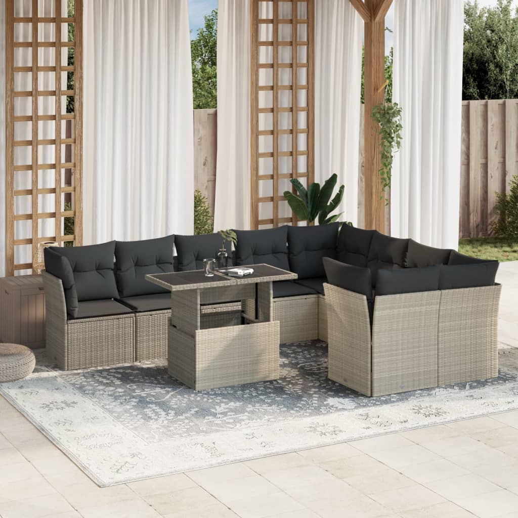 10-tlg. Garten-Sofagarnitur mit Kissen Hellgrau Poly Rattan