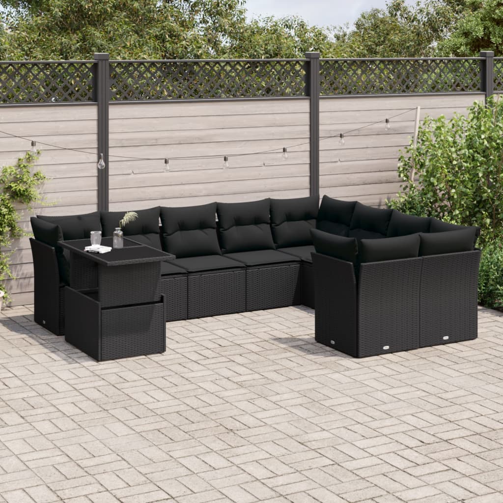 10-tlg. Garten-Sofagarnitur mit Kissen Schwarz Poly Rattan