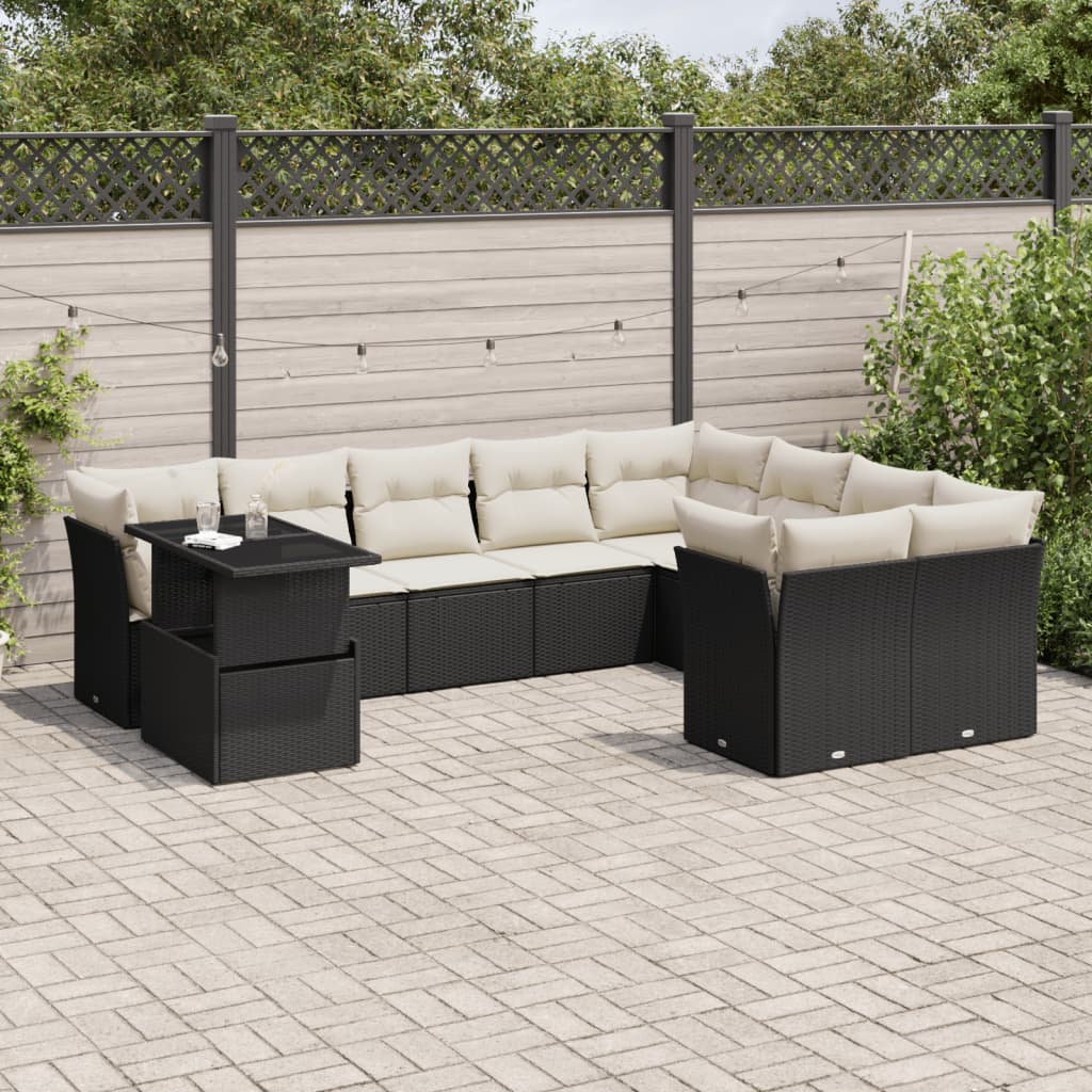 10-tlg. Garten-Sofagarnitur mit Kissen Schwarz Poly Rattan