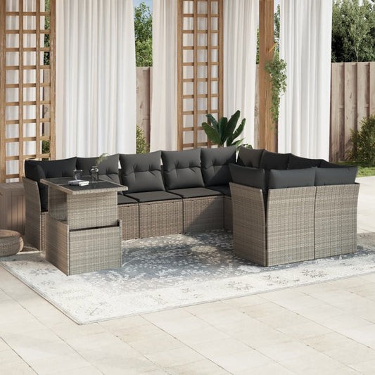 10-tlg. Garten-Sofagarnitur mit Kissen Hellgrau Poly Rattan