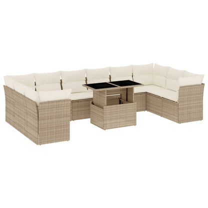 11-tlg. Garten-Sofagarnitur mit Kissen Beige Poly Rattan