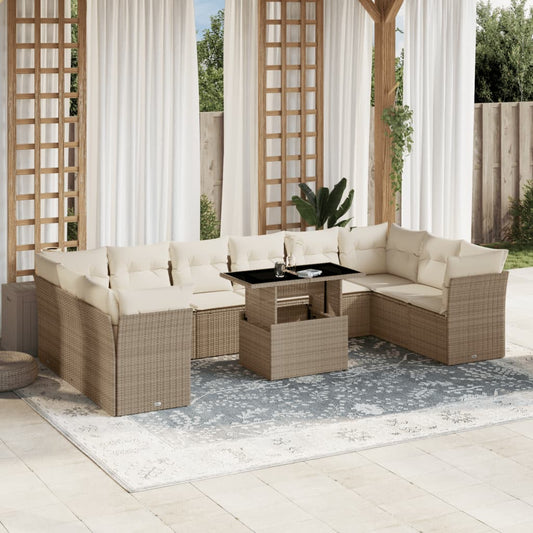 11-tlg. Garten-Sofagarnitur mit Kissen Beige Poly Rattan