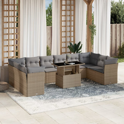 11-tlg. Garten-Sofagarnitur mit Kissen Beige Poly Rattan