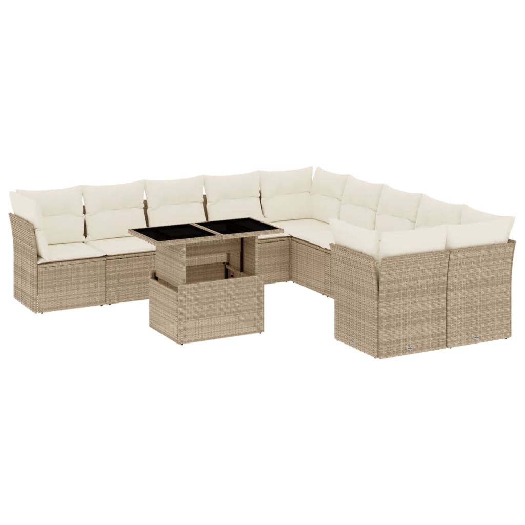 11-tlg. Garten-Sofagarnitur mit Kissen Beige Poly Rattan