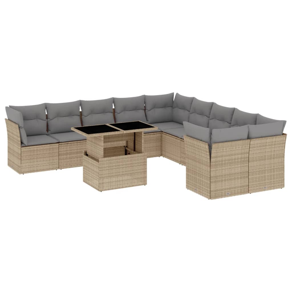 11-tlg. Garten-Sofagarnitur mit Kissen Beige Poly Rattan