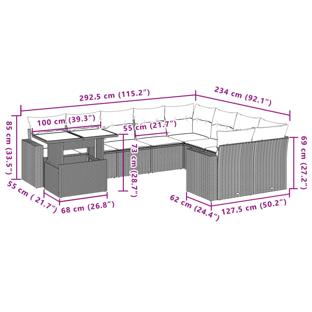 10-tlg. Garten-Sofagarnitur mit Kissen Schwarz Poly Rattan