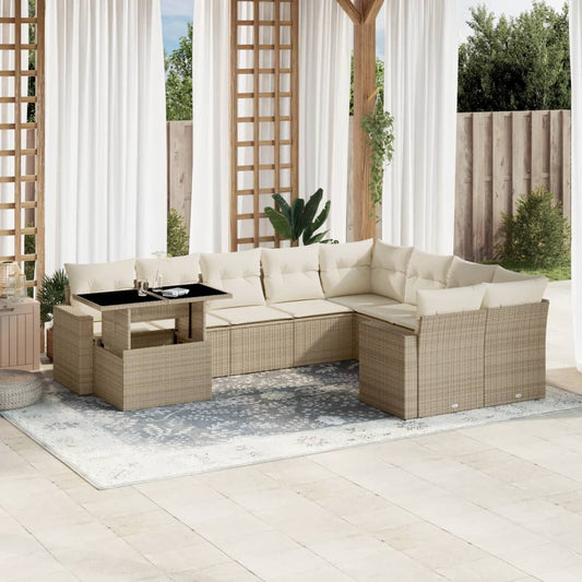 10-tlg. Garten-Sofagarnitur mit Kissen Beige Poly Rattan