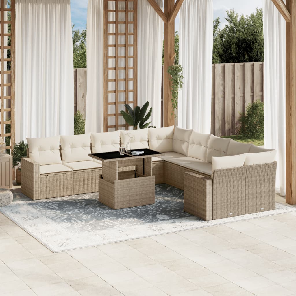 11-tlg. Garten-Sofagarnitur mit Kissen Beige Poly Rattan