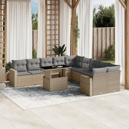 11-tlg. Garten-Sofagarnitur mit Kissen Beige Poly Rattan