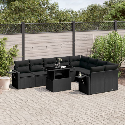 10-tlg. Garten-Sofagarnitur mit Kissen Schwarz Poly Rattan