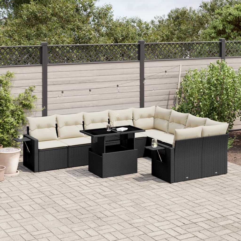 10-tlg. Garten-Sofagarnitur mit Kissen Schwarz Poly Rattan