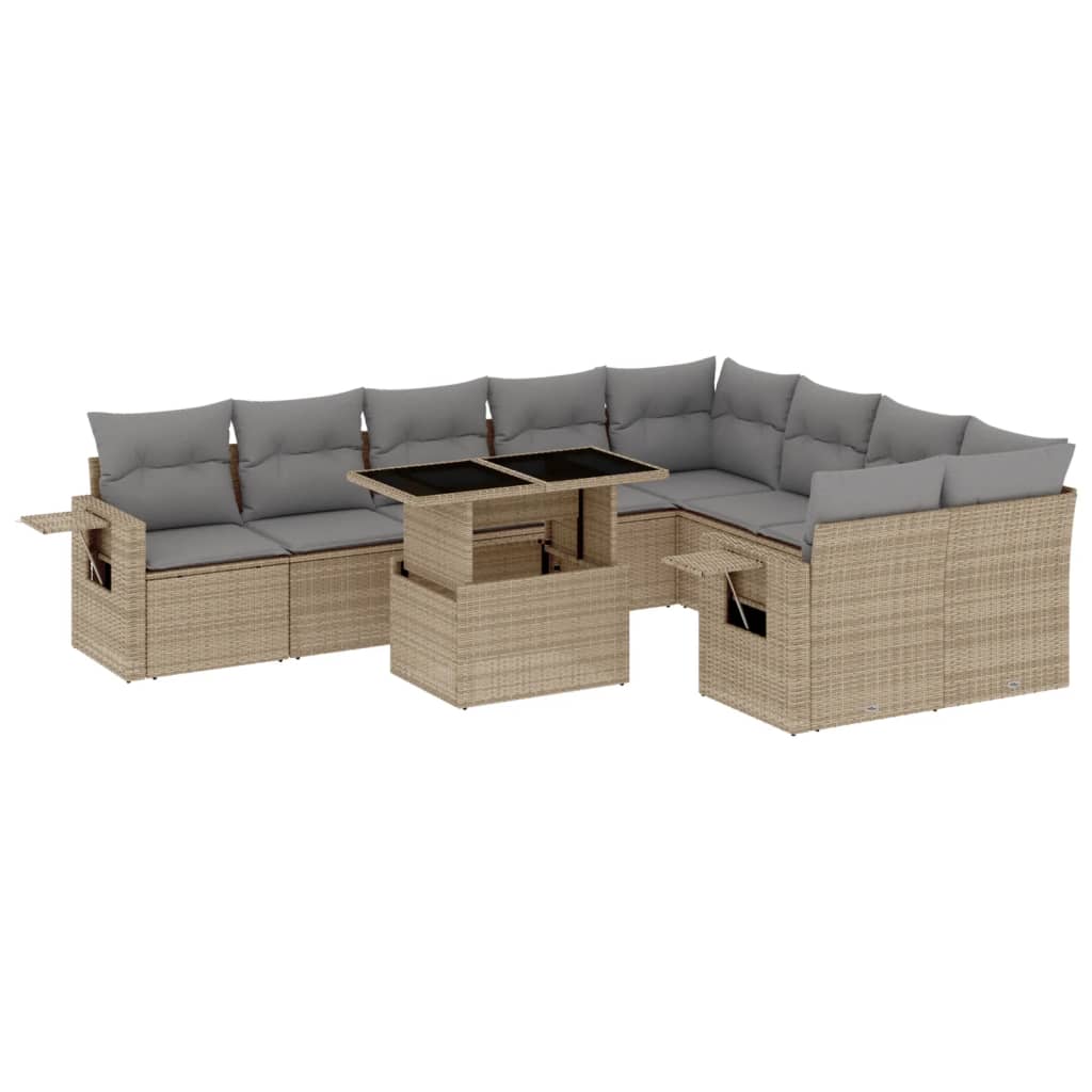 10-tlg. Garten-Sofagarnitur mit Kissen Beige Poly Rattan