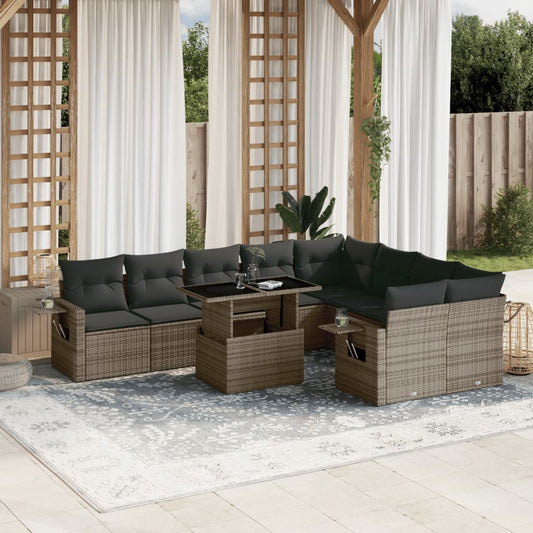 10-tlg. Garten-Sofagarnitur mit Kissen Grau Poly Rattan