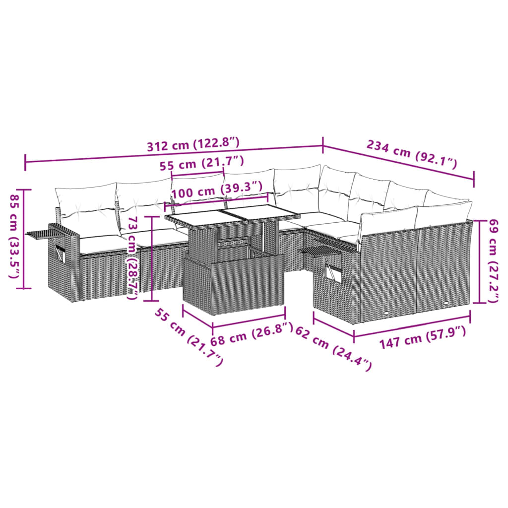 10-tlg. Garten-Sofagarnitur mit Kissen Braun Poly Rattan