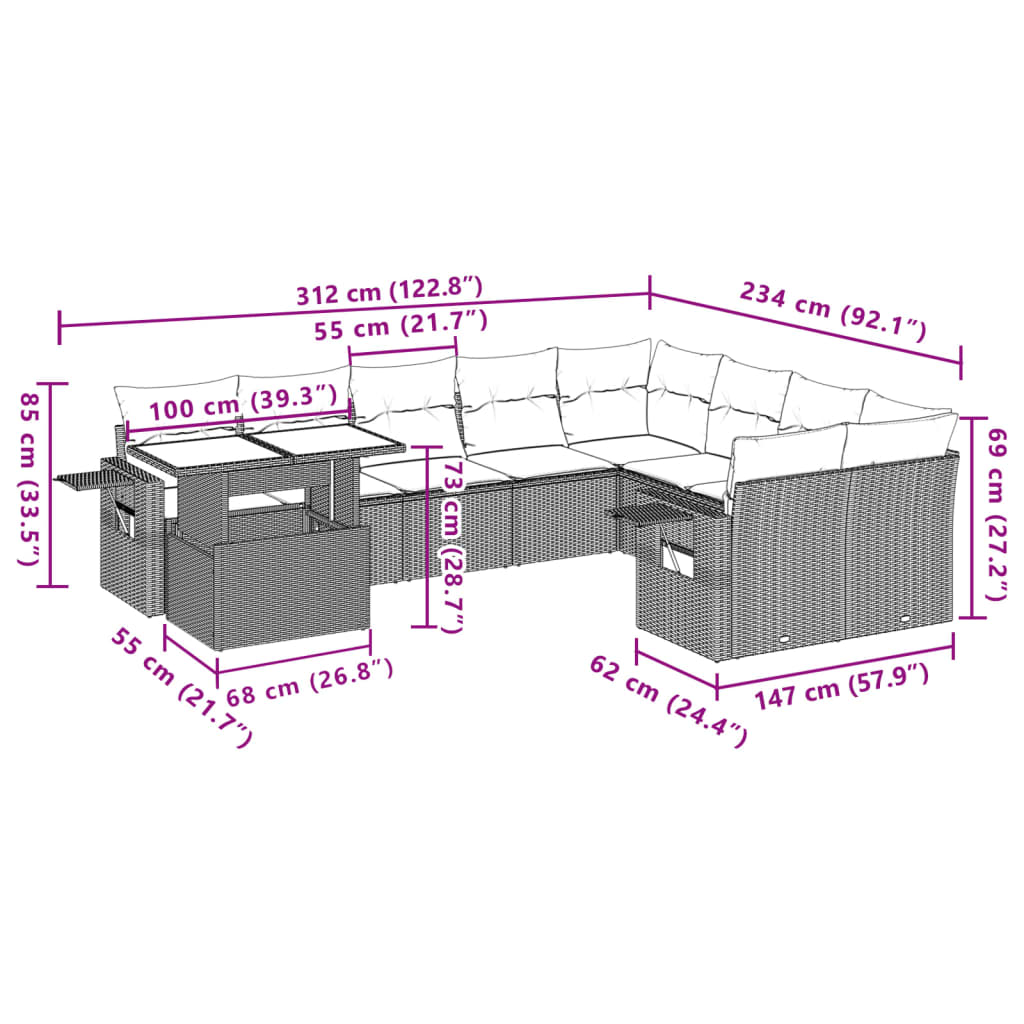 10-tlg. Garten-Sofagarnitur mit Kissen Schwarz Poly Rattan