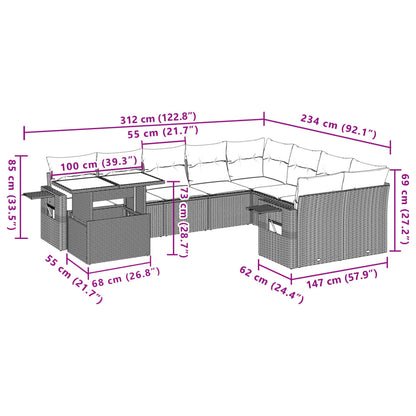 10-tlg. Garten-Sofagarnitur mit Kissen Schwarz Poly Rattan