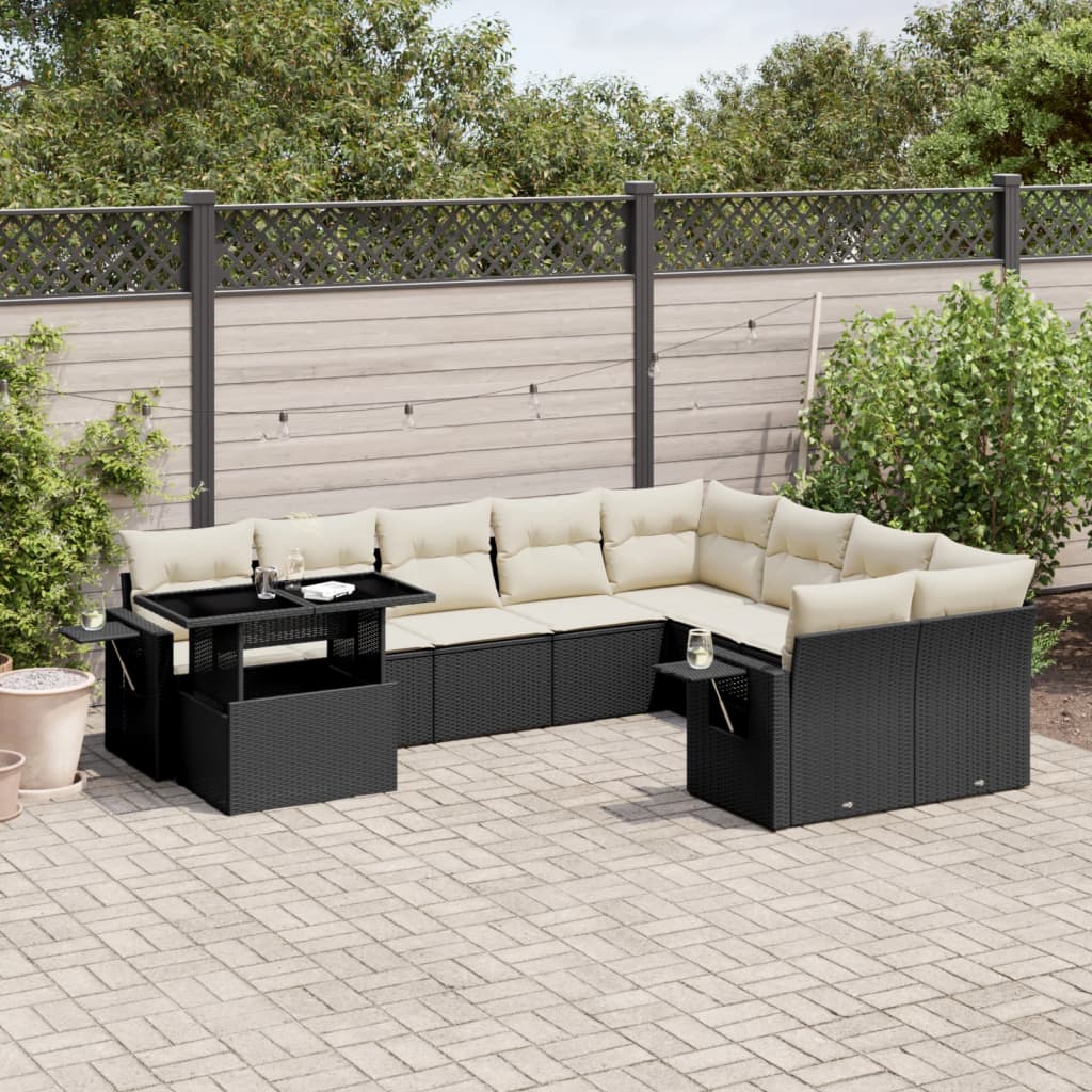 10-tlg. Garten-Sofagarnitur mit Kissen Schwarz Poly Rattan