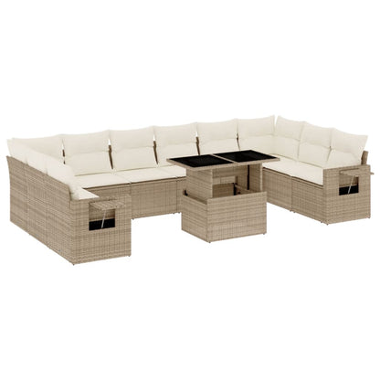 11-tlg. Garten-Sofagarnitur mit Kissen Beige Poly Rattan