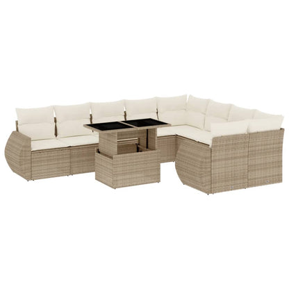 10-tlg. Garten-Sofagarnitur mit Kissen Beige Poly Rattan